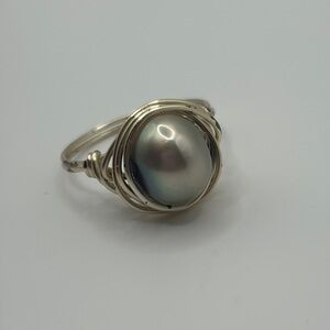 Lustrous Silver Wire Wrapped Fresh Water Pearl Ring size 4.5